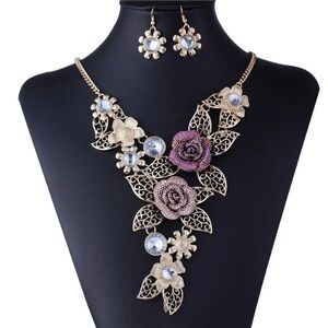 Court Style Colorful Flower Jewelry Set, Earrings And Necklace